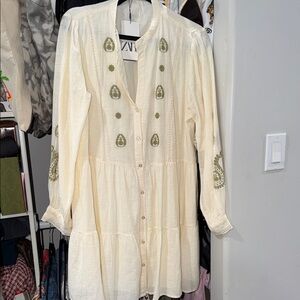 ZARA Cream Embroidered Button-Down Dress